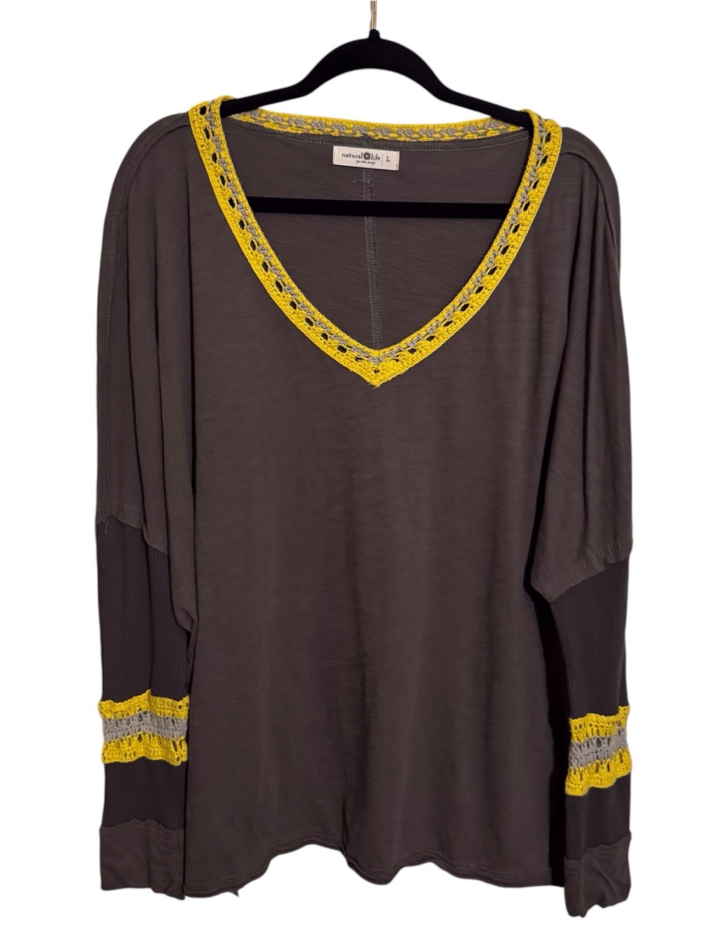 Natural Life Large Gray Yellow Crochet Raglan Top Boho Western Cotton V-Neck